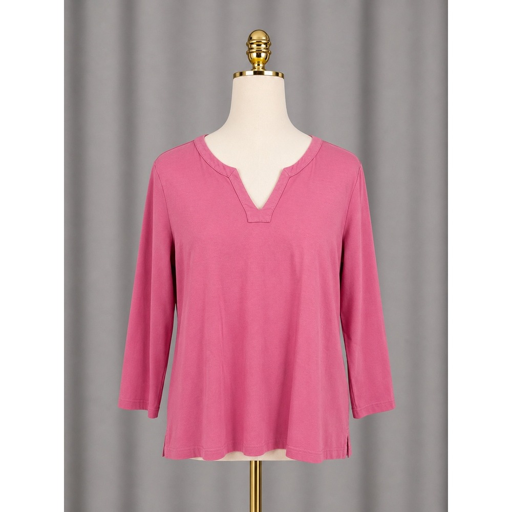 L.L. Bean 100% Cotton Split Neck Tee Top Pink 3/4 Sleeve Peru Knit Size‎ 1X